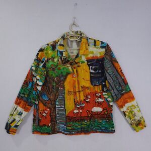 Chicos Bright City Scene Corduroy Shirt Jacket Sz 2 Artsy Waterfront Cafe Large